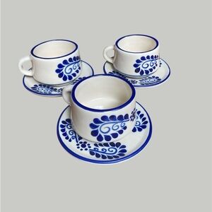 Talavera Ceramic Mug & Saucer Blue White Hand Painted Mexican Coffee Mug Set 3